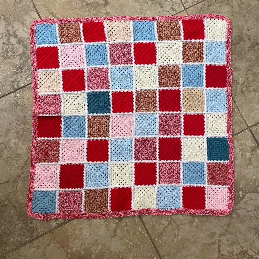 Handmade Crochet Granny Square Baby Blanket Patchwork Red Blue White 25x26